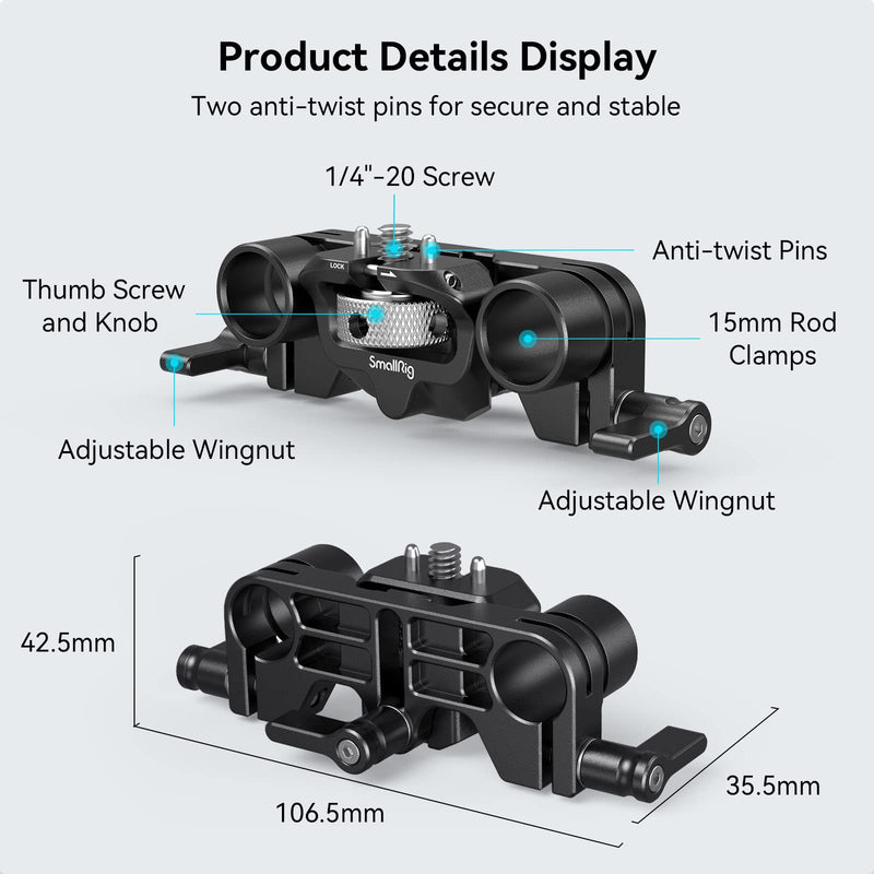  [AUSTRALIA] - SMALLRIG 15mm LWS Rod Support, Ajustable and Anti-Twist Design, Compatible for SMALLRIG 3196/3680/ 3556/3641/ 3645 Matte Box to Rail Support System, 15mm Dual Rod Clamp - 3652