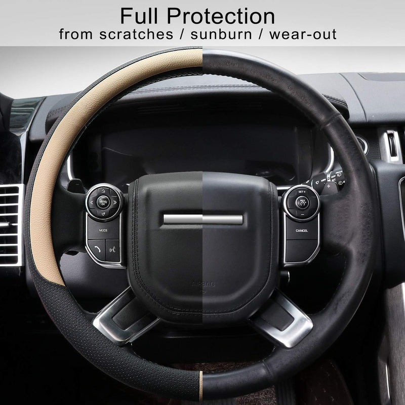  [AUSTRALIA] - COFIT Breathable and Non Slip Microfiber Leather Steering Wheel Cover Universal L 15 2/5-16 1/5 Inch - Beige and Black L (15'' 2/5-16'' 1/5)