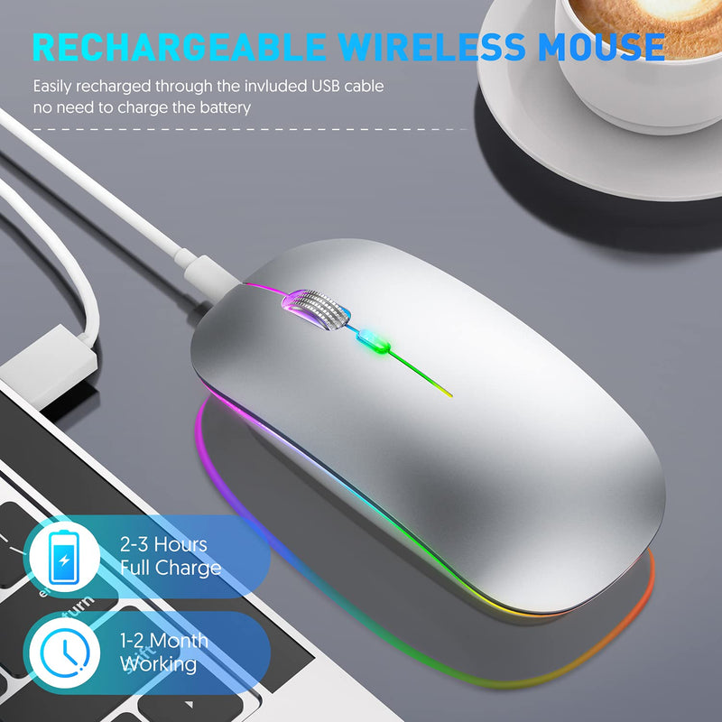  [AUSTRALIA] - Wireless Mouse, Rechargeable Wireless Mouse for MacBook Air (Bluetooth 5.1 + USB) 2.4GHz Portable Optical Silent Office Mouse for MacBook Pro, iPad Air, Laptop, Desktop, Mac, Pc, Computer (Silver) Silver