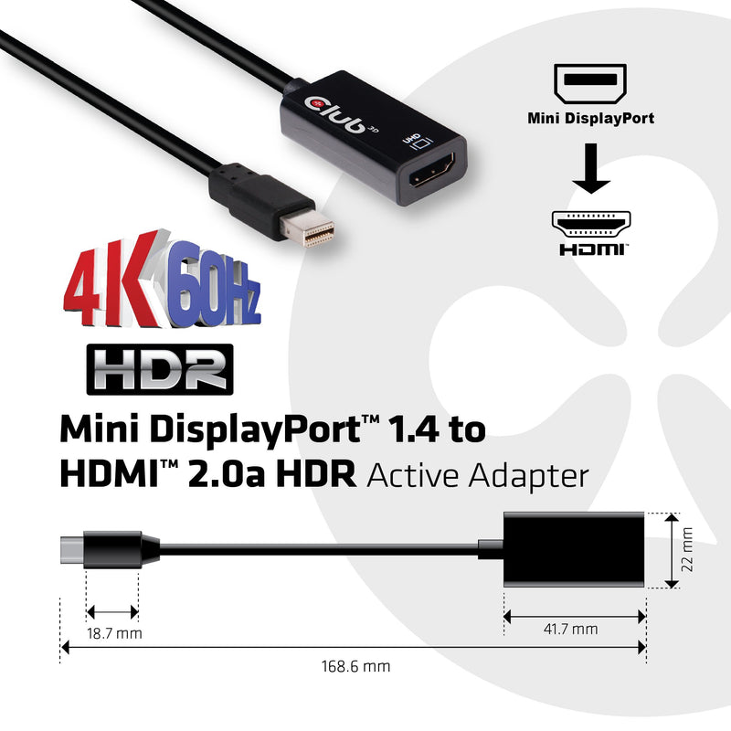 Club 3D CAC-1180 Mini DisplayPort 1.4 to HDMI 2.0B HDR Adapter Supports 4096X2160@60Hz High Dynamic Range, Black - LeoForward Australia