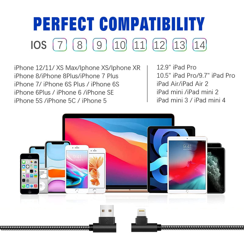  [AUSTRALIA] - iPhone Charger [MFi Certified] 3 Pack (3/6/10FT) Nylon Braided Lightning Cable Right Angle Fast Charging Cords Compatible with iPhone 13/12/11/ Xs/XS Max/XR/X/8/8 Plus/7/7 Plus, Black&White