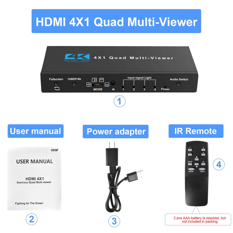  [AUSTRALIA] - NEWCARE HDMI Multi-Viewer 4X1, 4 in 1 Out HDMI Switcher with Remote, HDMI Multi-Switcher Support 4K 30Hz, 5 View Modes, Compatible with Security Camera, Fire Stick, Roku, Gaming Consoles