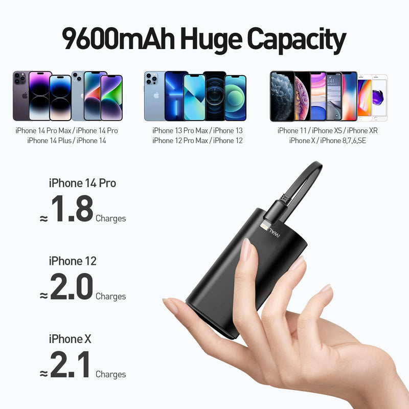  [AUSTRALIA] - iWALK LinkPod Y2 Power Bank Fast Charging 9600mAh,Small Portable Charger with PD Output & LED Display,[2022 Upgrade]Battery Pack Portable Charger with Built-in Cable Compatible with iPhone 14/13/12/6 Black