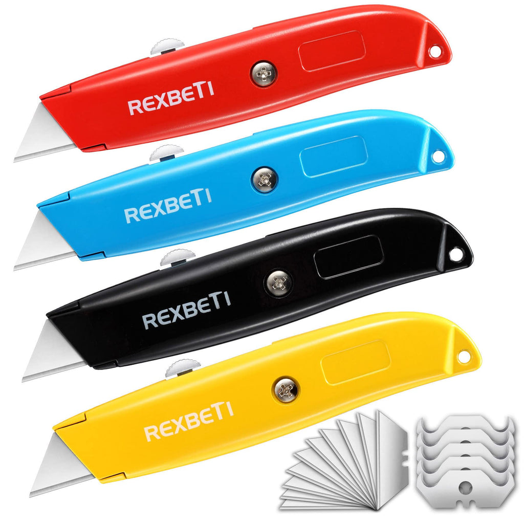  [AUSTRALIA] - REXBETI 4-Pack Utility Knife, SK5 Heavy Duty Aluminum Shell Retractable Box Cutter Knife Sets for Cartons, Cardboard and Boxes, Extra 5PCS Hook Blades and 10PCS Trapezoid Blades Included