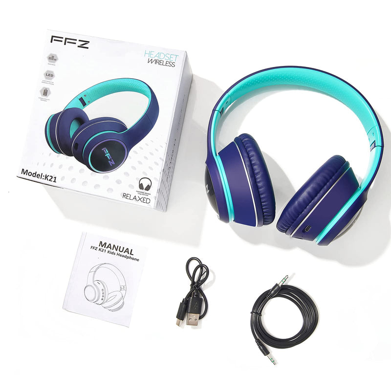  [AUSTRALIA] - FFZ K21 Wireless Kids Headphones, Colorful LED Lights Blue Tooth-V5.0 Headphones Built-in Microphone, Foldable Headset & Soft Earpads, for School/Car/Airplane/Ipad(Navy Blue) Navy Blue