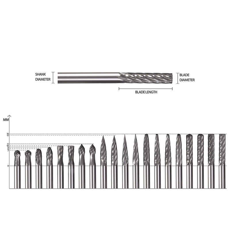 20Pcs Solid Carbide Burr Set 0.118'' (3mm) Shank Tungsten Carbide Rotary Files Burrs with 3mm Cutting Head Diameter Fits Most Rotary Drill Die Grinder for Woodworking, Engraving, Drilling, Carving - LeoForward Australia