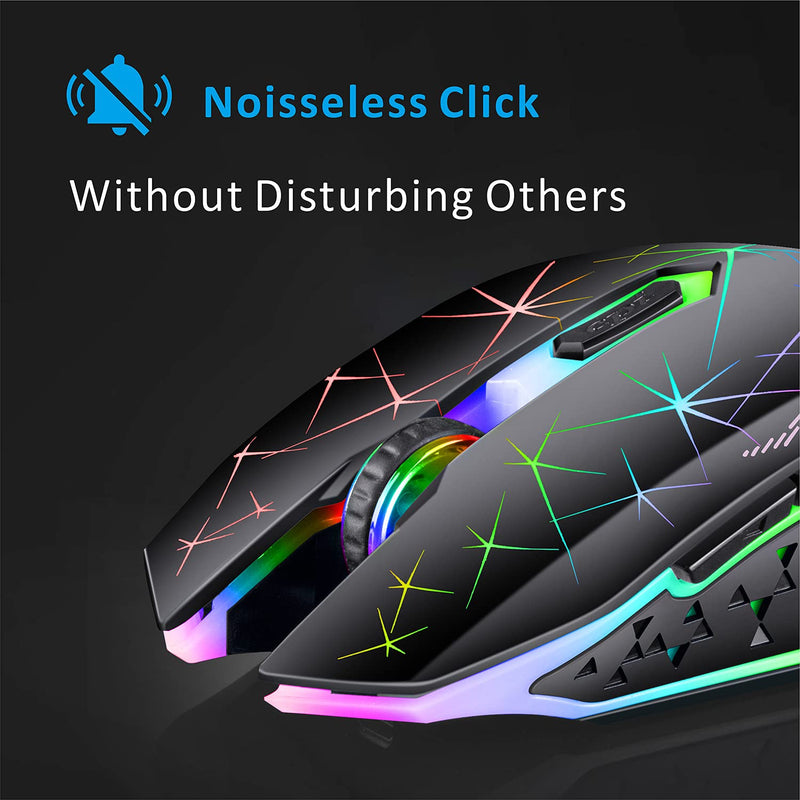  [AUSTRALIA] - TENMOS V7 Wireless Gaming Mouse, Rechargeable LED Wireless Mouse Silent Optical Rainbow USB Computer Mice for Laptop PC (Black) black