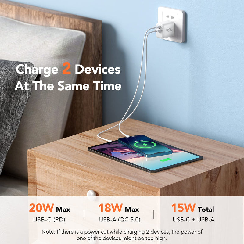  [AUSTRALIA] - USB C Wall Charger 20W, AGPTEK Dual Port PD Power Delivery + Quick Charge 3.0 Fast Charger Block Plug for iPhone 12/11 /Pro Max, XS/XR/X, 8/7/6, iPad Pro, AirPods Pro, Samsung Galaxy, Pixel (White)