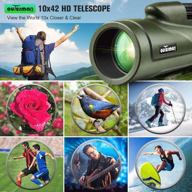  [AUSTRALIA] - Monocular Telescope with Smartphone Holder & Tripod, Outerman 10x42 HD Monoculars with BAK4 FMC Optical Lens, Low Light Night Vision High Power Monoculars for Adults Bird Watching Hunting Hiking