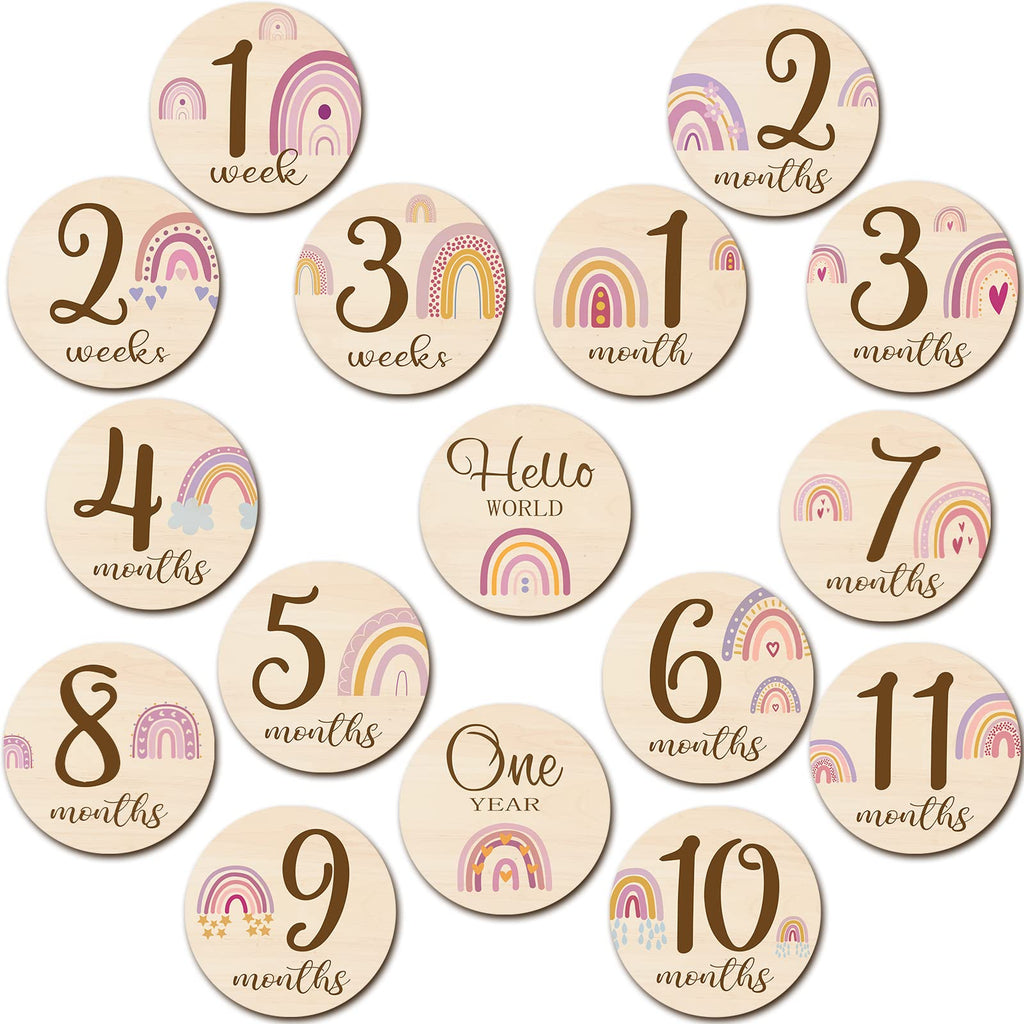  [AUSTRALIA] - 16 Pieces Wooden Baby Monthly Milestone Cards Baby Monthly Milestone Marker Discs Double Sided Monthly Milestone Wooden Circles Baby Months Signs for Baby Shower Newborn Photo Props(Rainbow) Rainbow