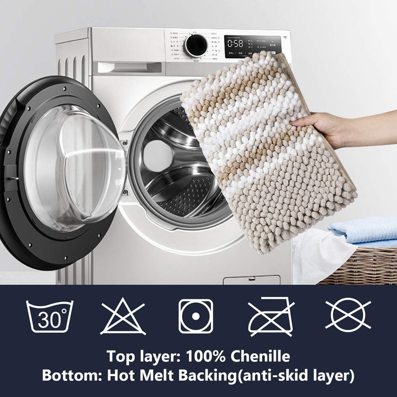  [AUSTRALIA] - WELTRXE Chenille Striped Bath Rug Non-Slip Beige and White Bathroom Rug Mat, 32x 20, Extra Soft and Absorbent Shaggy Rugs, Machine Washable Plush Carpet Mats for Tub, Shower, Bath Room, Kitchen