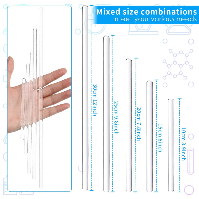  [AUSTRALIA] - 15 Pieces Glass Stirring Stick Smooth Stir Rod with Both Ends Round, 12/10/ 8/6/ 4/ Inch Glass Mixing Tools for Science, Lab, Kitchen, Experiment and Stir Hot Cold Beverages Cocktails Drinks