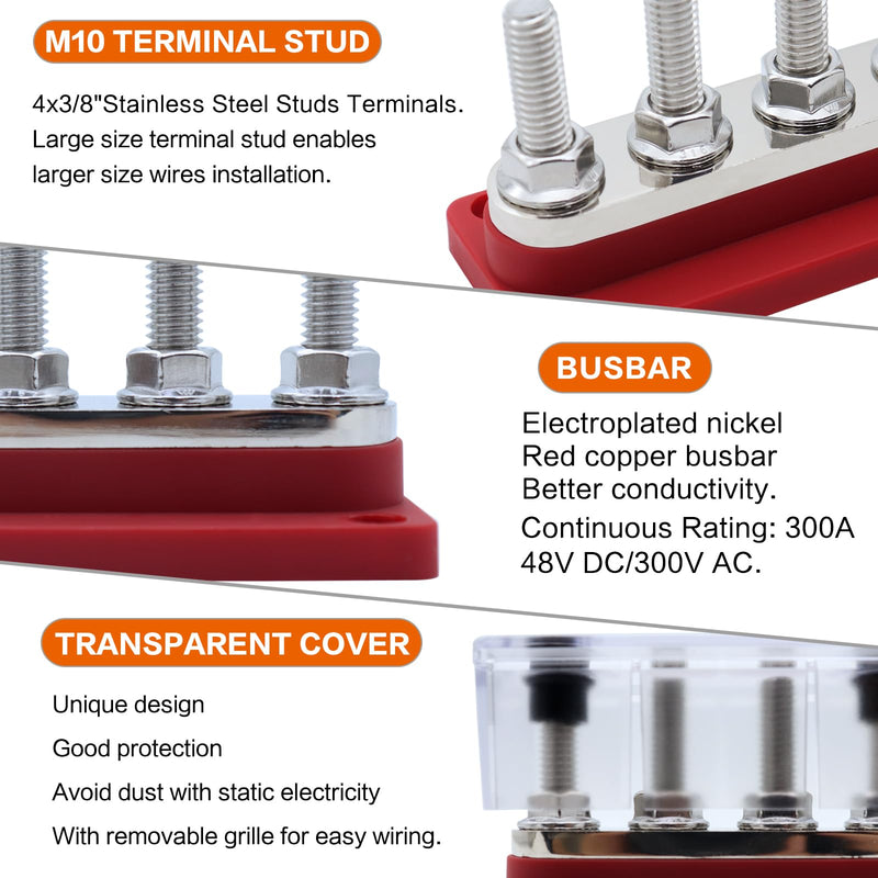  [AUSTRALIA] - AMOMD 300A PowerBars 4 Studs (3/8") M10 Nickel Plated Copper Electrical Common Bus Bars Terminal Block for Marine Battery Negative Ground Distribution Block Busbar 12-48v DC with Cover(Red) 300A-4Studs-M10-R