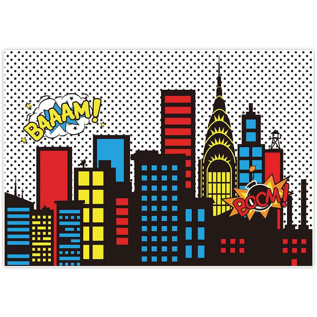  [AUSTRALIA] - Allenjoy 96" x 72" Superhero Themed Backdrops Super City Skyline Buildings Children Birthday Supplies Favors Decorations Photography Party Event Banner Photo Studio Booth Background Baby Shower Vinyl