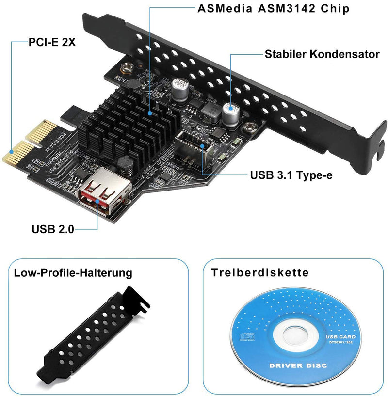  [AUSTRALIA] - EZDIY-FAB USB3.1 Gen2 Internal 20-pin Front Panel Connector Expansion Card 10 Gbit/s USB 2.0 PCI Express 3.0 X2 Adapter for Desktop PCs (ASM3142)
