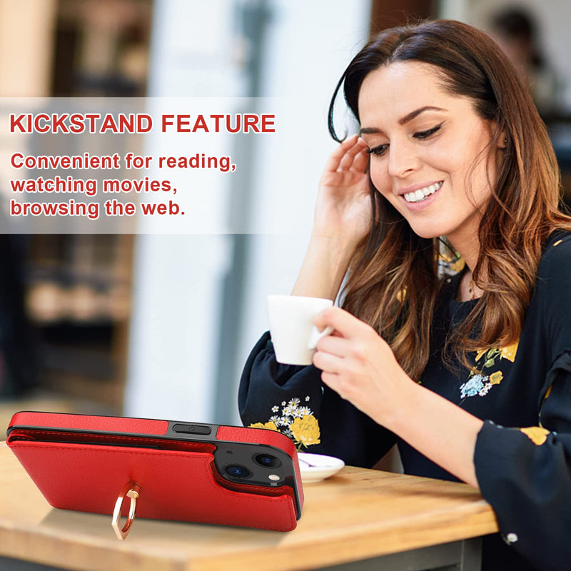  [AUSTRALIA] - Folosu Compatible with iPhone 13 Case Wallet with Card Holder, 360°Rotation Finger Ring Holder Kickstand Protective RFID Blocking PU Leather Double Buttons Flip Shockproof Cover 6.1 Inch Red