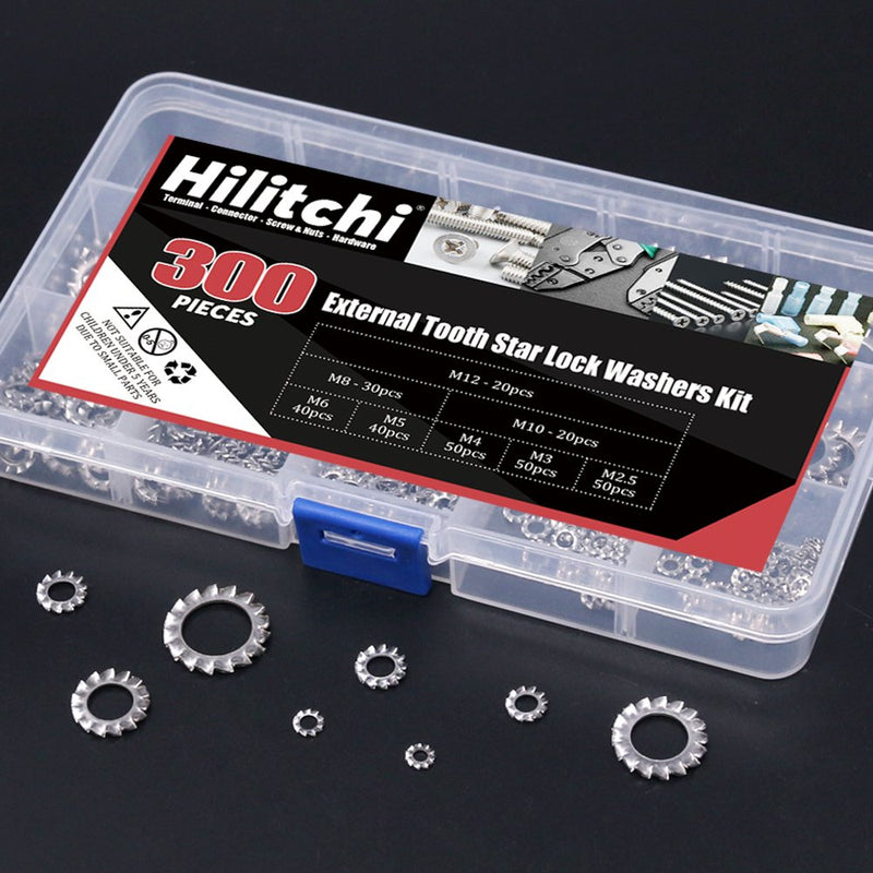  [AUSTRALIA] - Hilitchi 300-Pcs 304 Stainless Steel External Tooth Star Lock Washers Assortment Kit - Included: M2.5 M3 M4 M5 M6 M8 M10 M12