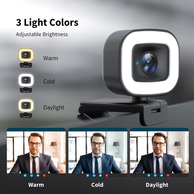  [AUSTRALIA] - 60FPS Webcam with Ring Light, Auto-Focus 1080P Web Camera with Dual Microphone and Privacy Cover，Streaming Webcam for YouTube, Skype, Zoom, Twitch, OBS, Xsplit and Video Calling