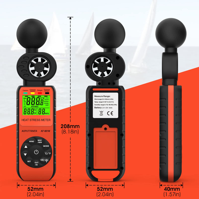  [AUSTRALIA] - AOPUTTRIVER Anemometer AP-881W Hand Anemometer with Wind Speed/Temperature/Humidity/WBGT Alarm for Drone Flight, Hunting, Sailing