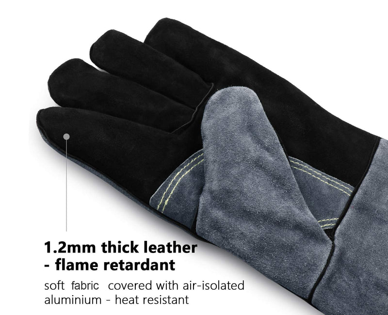  [AUSTRALIA] - 932°F Heat Resistant Welding Gloves 16 inches Cowhide Leather - Long Sleeve and Insulated Lining BBQ Glove for Tig Welder/Mig/Grill/Barbecue/Green Egg/Stove Black-gray Black-gray (16-inch)