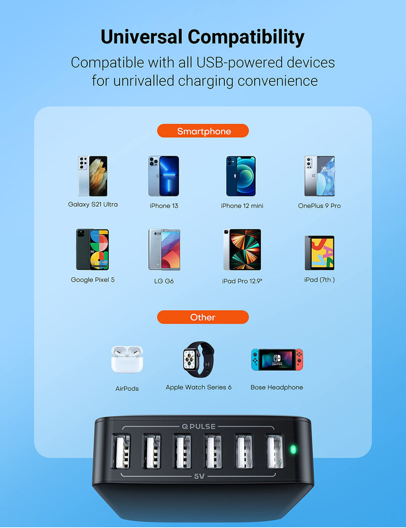  [AUSTRALIA] - USB Charging Station, Topvork 6-Port USB Wall Charger, Multiport 60W USB Charging Hub, 6-in-1 Desktop USB Charger, Compact USB Charger Block for iPhone 13/13 Pro/iPhone 12, Galaxy, Note, Pixel & More