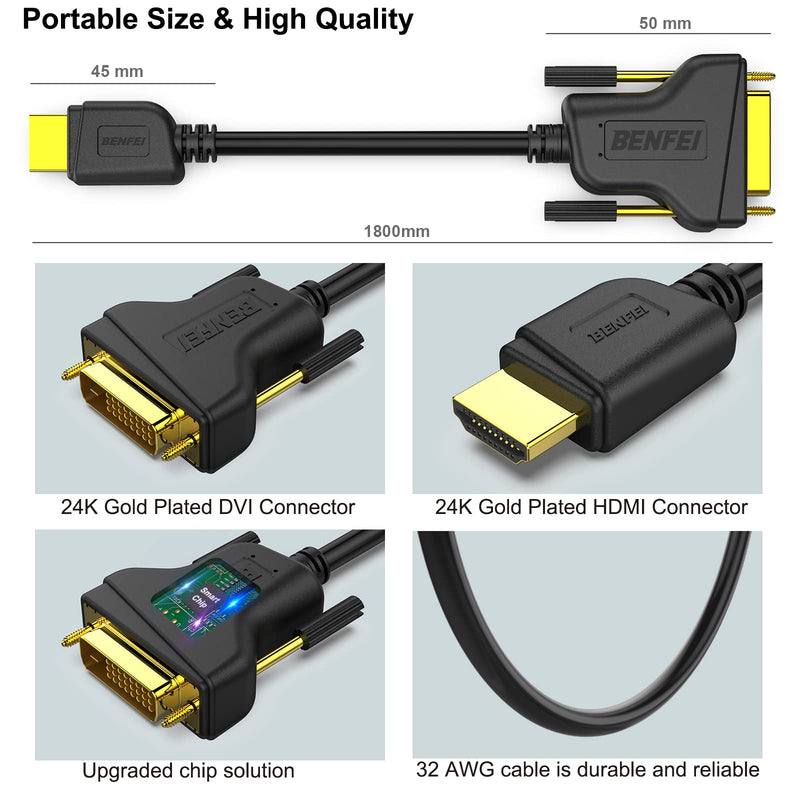  [AUSTRALIA] - HDMI to DVI 5 Pack, Benfei HDMI to DVI Cable Bi Directional DVI-D 24+1 Male to HDMI Male High Speed Adapter Cable Support 1080P Full HD Compatible for Raspberry Pi, Roku, Xbox One, PS4 PS3 6 Feet