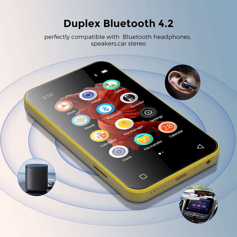  [AUSTRALIA] - TIMMKOO MP3 Player with Bluetooth, 4.0" Full TouchScreen Mp4 Mp3 Player with Speaker, Portable HiFi Sound Mp3 Music Player with Bluetooth, Voice Recorder, E-book, Supports up to 512GB TF Card (Yellow) Yellow