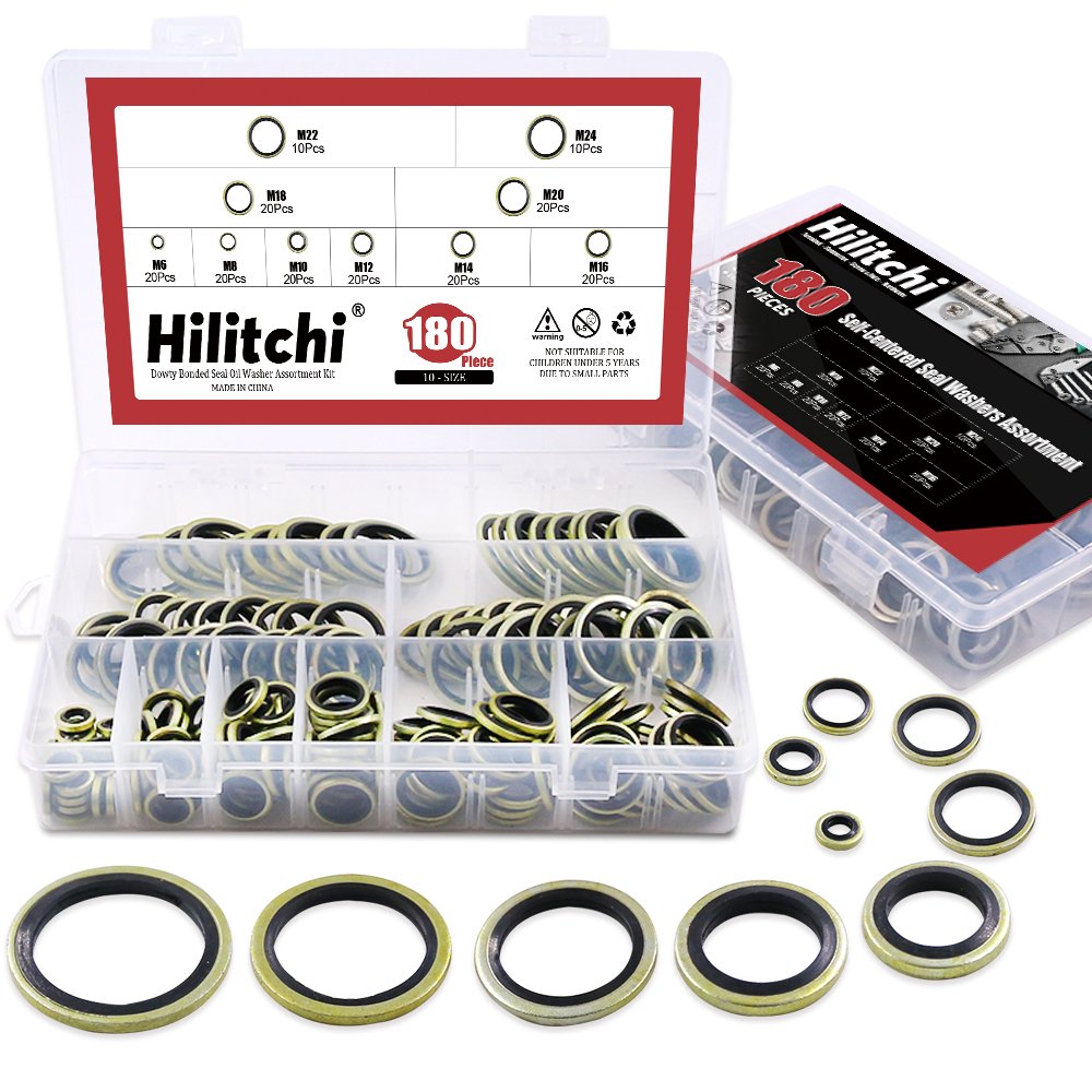  [AUSTRALIA] - Hilitchi 180-Pcs Metric Dowty Bonded Seal Oil Washer Assortment Kit - 10-SIZE: M6 to M24 gold