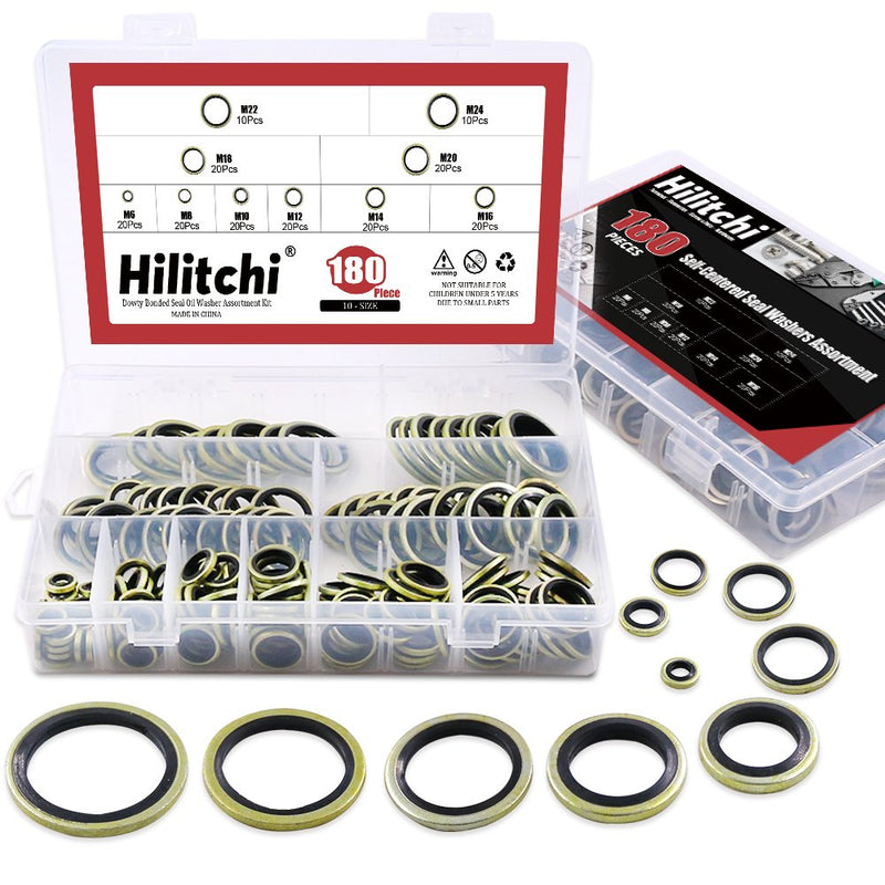  [AUSTRALIA] - Hilitchi 180-Pcs Metric Dowty Bonded Seal Oil Washer Assortment Kit - 10-SIZE: M6 to M24 gold
