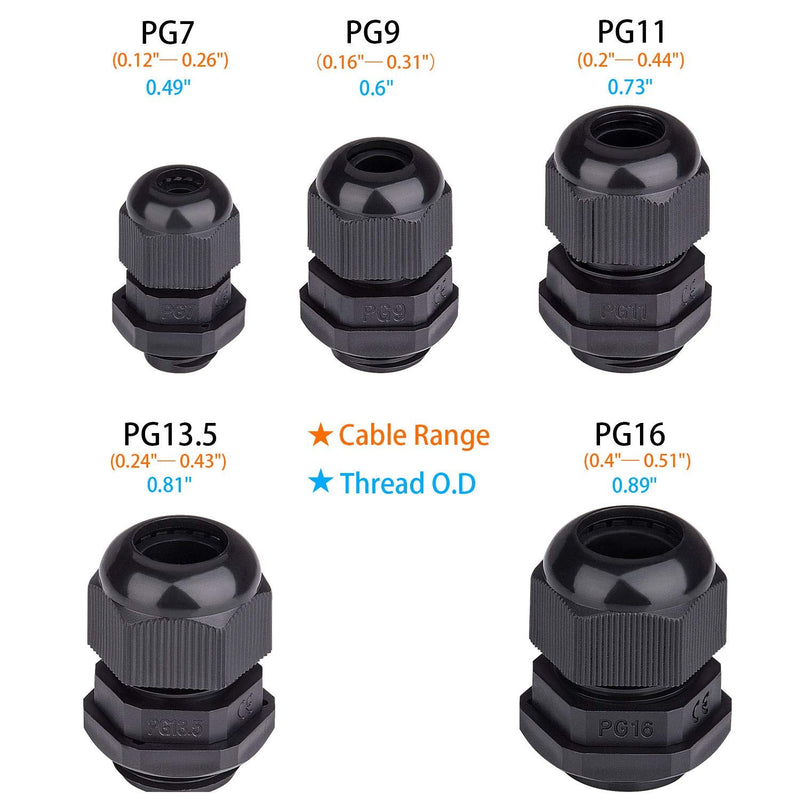  [AUSTRALIA] - Cable Gland Nylon Plastic Waterproof Adjustable, Cable Glands Joints Wire Protectors- Pg7, Pg9, Pg11, Pg13.5, Pg16 35pcs