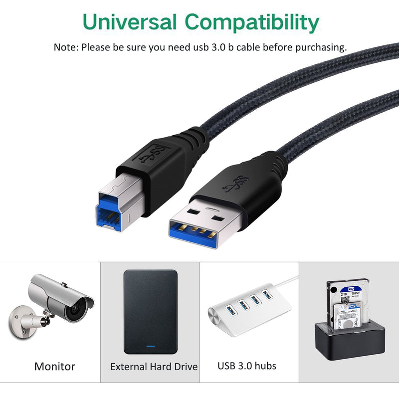  [AUSTRALIA] - USB 3.0 A to B Cable, Besgoods 2-Pack 6ft Extra Long Braided USB 3.0 Cable A Male to B Male Cable Cords - Black