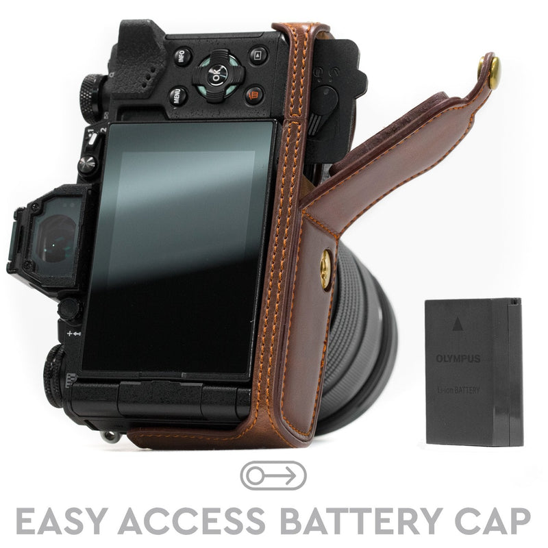  [AUSTRALIA] - MegaGear Ever Ready Leather Camera Half Case Compatible with Olympus OM-D E-M5 Mark II Dark Brown