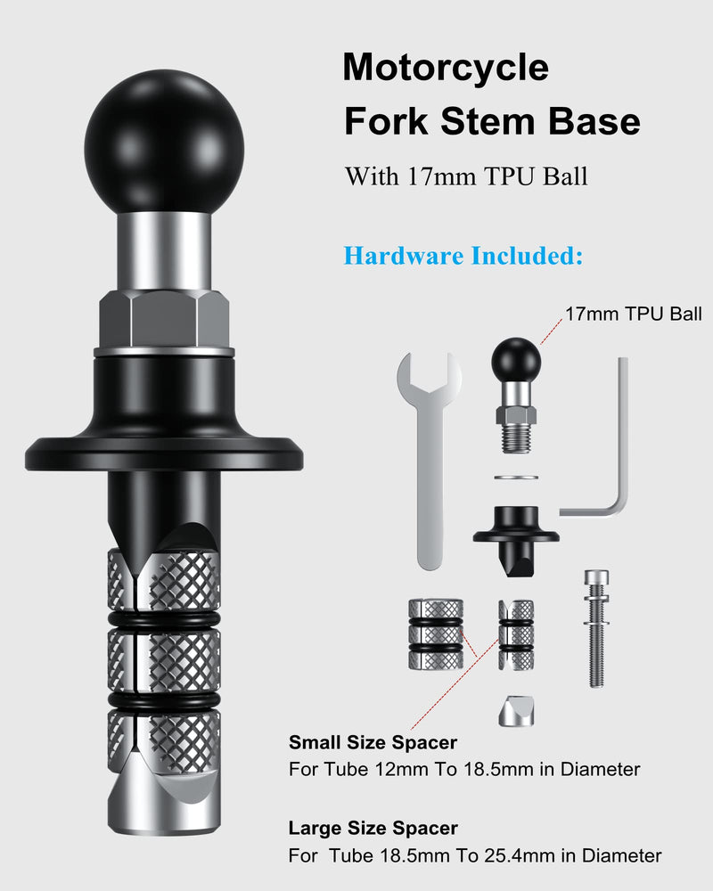  [AUSTRALIA] - BRCOVAN Metal Motorcycle Fork Stem Base with 17mm TPU Ball for Stems 12mm to 25.4mm in Diameter, Compatible with Garmin GPS Mounts and Motorcycle Bike Phone Mount Holder with 17mm Ball Socket