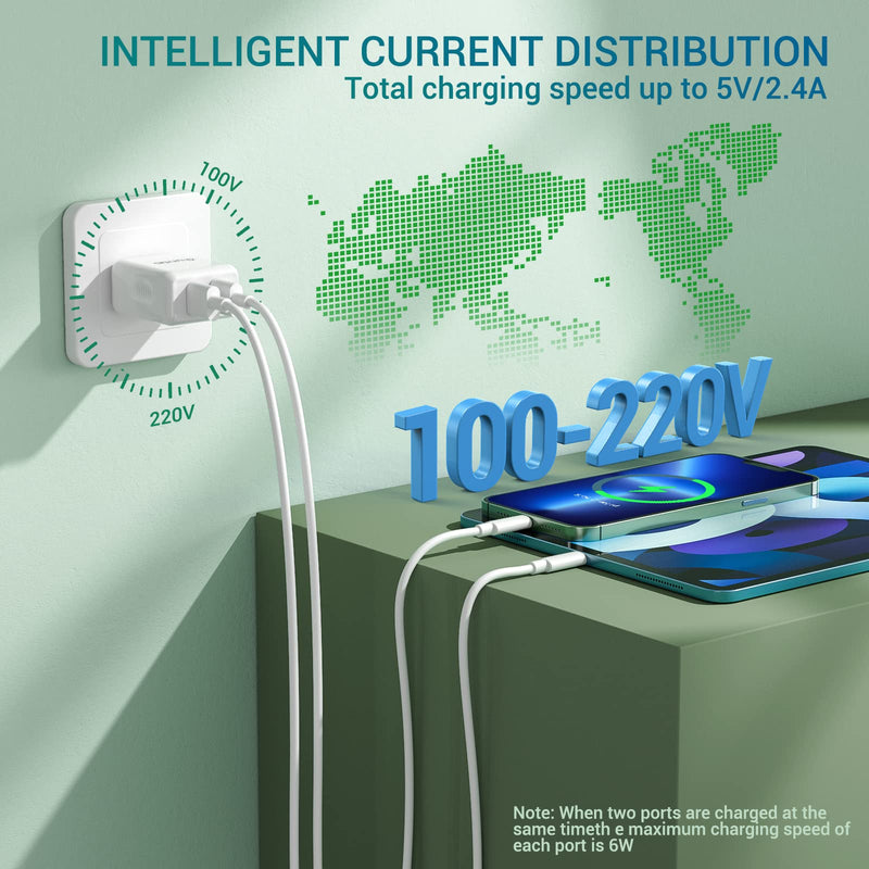  [AUSTRALIA] - iPhone Charger MFi Certified, Quntis 2Pack 6.6ft Lightning Charging Cable Cord with Dual Port USB Wall Charger Block Adapter for iPhone 14 13 12 SE 11 Max XS XR X 8 7 6s 6 Plus iPad Pro iPod Airpods