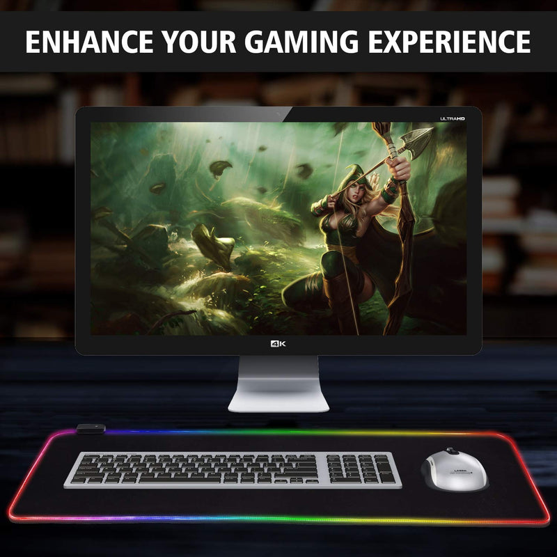 RGB Gaming Mouse Pad, Ultra Bright LED Light&Soft Large Extended Mousepad with 12 Lighting Rainbow Modes, Water Resistance, Non-Slip Rubber Base Keyboard Pad Mat, 31.5 X12 inch (Plain Black) Plain Black - LeoForward Australia