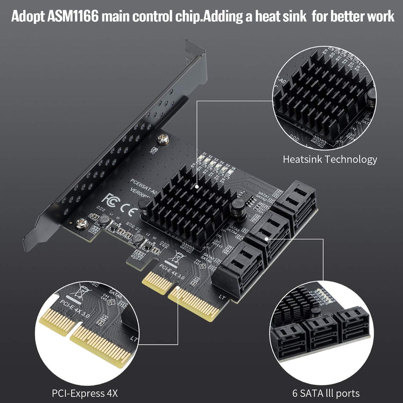  [AUSTRALIA] - BEYIMEI PCIe 4X SATA Card 6 Ports,SATA III 6 Gbps Controller Expansion Card, ASM1166/SATA 3.0 Non-Raid,with 6 SATA Cables, (Support 6 SATA 3.0 Devices) PCIE-4X 6SATA