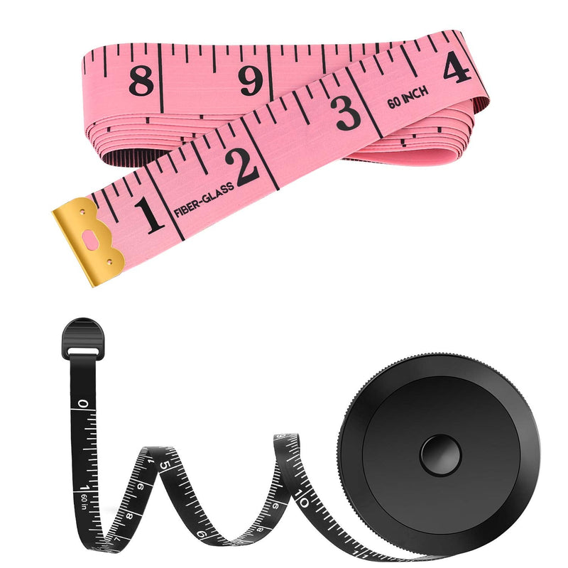  [AUSTRALIA] - 2 Pack Tape Measure Measuring Tape for Body Fabric Sewing Tailor Cloth Knitting Vinyl Home Craft Measurements, 60-Inch Soft Fashion Pink & Retractable Black Double Scales Rulers for Body Weight Loss Pink & Black