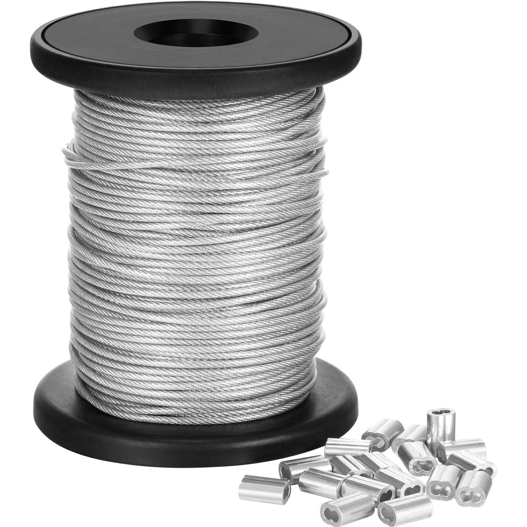  [AUSTRALIA] - Chengu Vinyl Coated Picture Frame Hanging Wire, Stainless Steel Wire Spool with 20 Pieces Aluminum Crimping Loop Sleeve, Supports up to 110 Lbs (1.5 mm x 98 Feet)