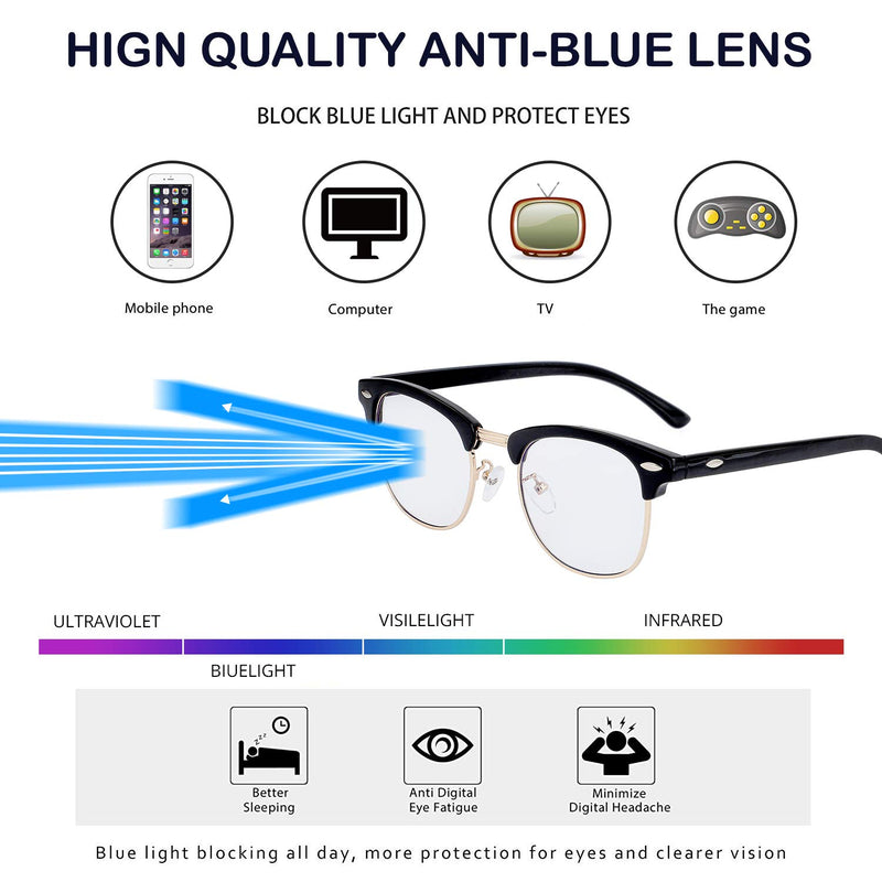 Blue Light Blocking Glasses for Women Men Semi-Rimless Frame Fake Nerd Eyeglasses Bright Black Gold 52 Millimeters - LeoForward Australia