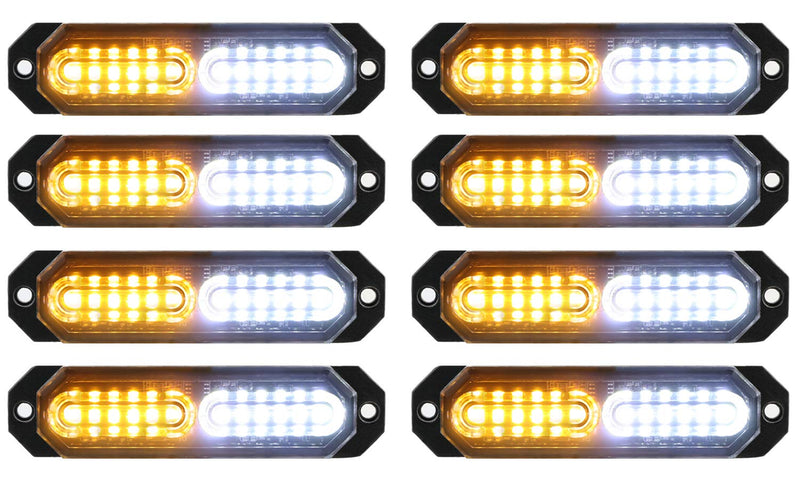  [AUSTRALIA] - ASPL 8pcs Sync Feature Ultra Slim 12-LED Surface Mount Flashing Strobe Lights for Truck Car Vehicle LED Mini Grille Light Head Emergency Beacon Hazard Warning lights (Amber/White) Amber/White