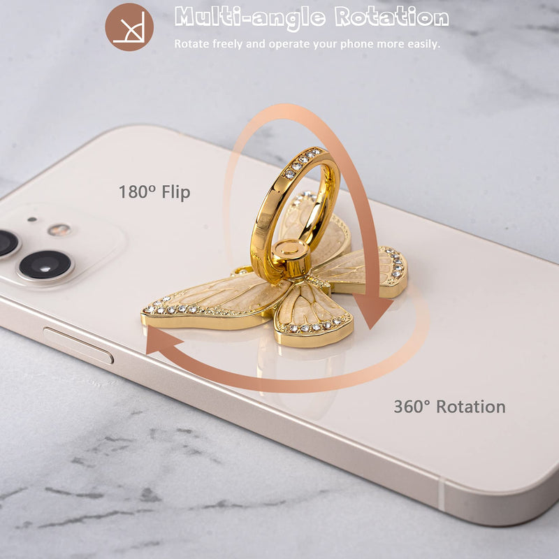  [AUSTRALIA] - Cell Phone Ring Holder Stand with Crystal Stone and Enamel Process, Butterfly 360° Rotation Finger Kickstand Metal Back Stand Hand Grip with Knob Loop Compatible with Smartphone (Gold Pearl White)