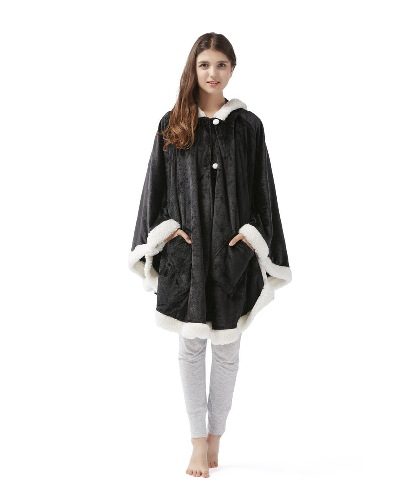  [AUSTRALIA] - Comfort Spaces Glimmersoft Plush to Sherpa Pocket Hooded Angel Wrap Ultra Soft Wearable Poncho Blanket Throw, 58"x72", Black 58"x72"