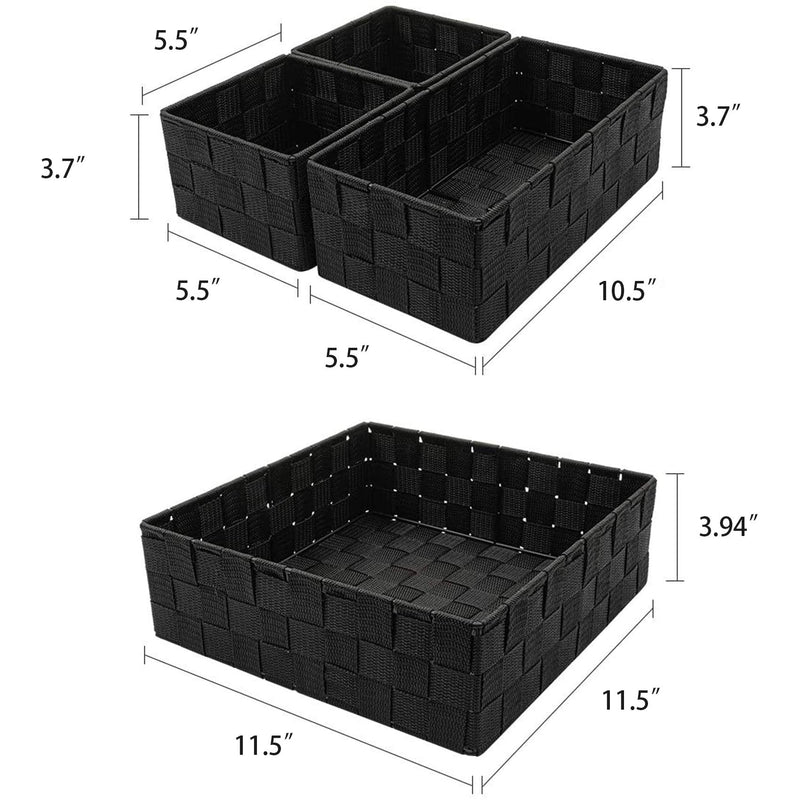  [AUSTRALIA] - VK Living Woven Storage Box Basket Bin Container, Woven Strap Basket, Nylon Woven Box Basket, Underwear Bra Storage Organizer Divider for Drawer, Dresser, Closet, Black, Set of 4 Black box for drawer
