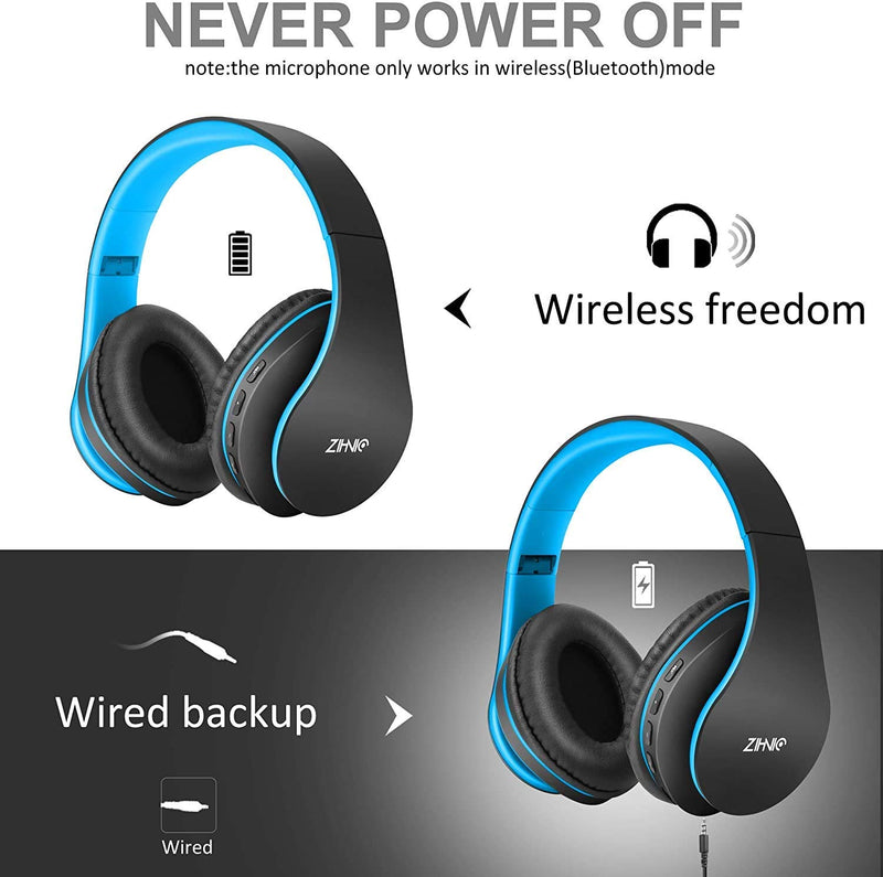  [AUSTRALIA] - Wireless Over-Ear Headset with Deep Bass, Bluetooth and Wired Stereo Headphones Buit in Mic for Cell Phone, TV, PC,Soft Earmuffs &Light Weight for Prolonged Wearing by Zihnic (Black/Blue) Black Blue