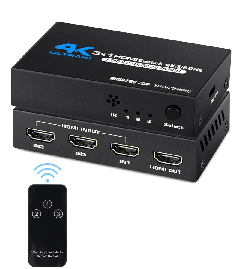  [AUSTRALIA] - HDMI Switch 4K@60Hz, NEWCARE HDMI Switch with Remote Control, 3 Port HDMI Switcher Selector, Supports 4K, 3D, HDCP2.2, HDMI2.0, HDR, Auto for Fire Stick, HDTV, PS4/5, Game Consoles, PC 3x1 4K@60Hz