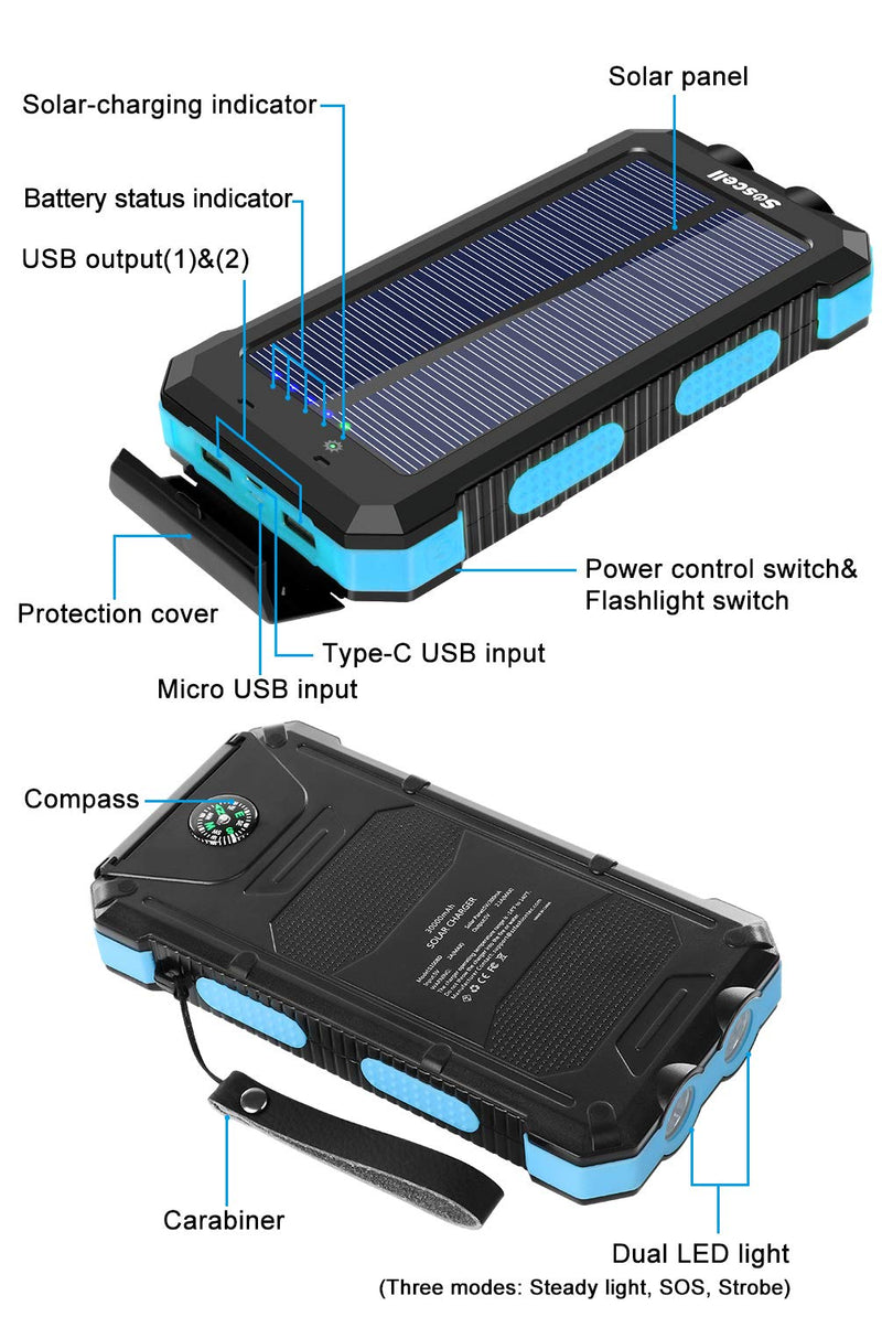 Solar Power Bank 30000mAh, Suscell Portable Solar Phone Charger with 2 Output Ports, Flashlight, IPX4 Splashproof and Shockproof for Outdoor Activities, Compatible with Smartphones and Other Devices Blue-30,000mAh - LeoForward Australia