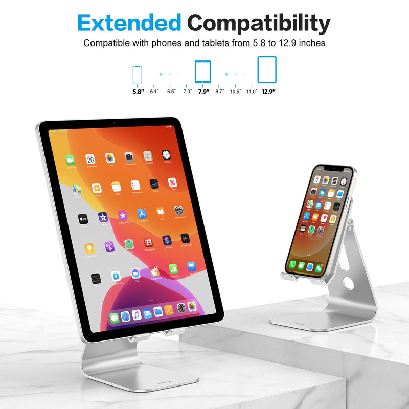  [AUSTRALIA] - Adjustable Tablet Stand for Desk, Upgraded Longer Arms for Greater Stability, OMOTON T2 iPad Stand Holder with Hollow Design for Bigger Sized Phones and Tablets Such as iPad Pro/Air/Mini, Silver