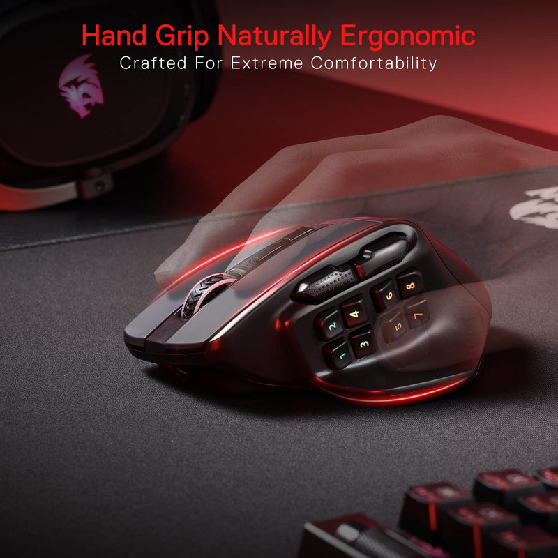  [AUSTRALIA] - Redragon M811 PRO Wireless MMO Gaming Mouse, 15 Programmable Buttons RGB Gamer Mouse w/Ergonomic Natural Grip Build, 10 Side Macro Keys, Software Supports DIY Keybinds & Backlit M811 Wireless Black