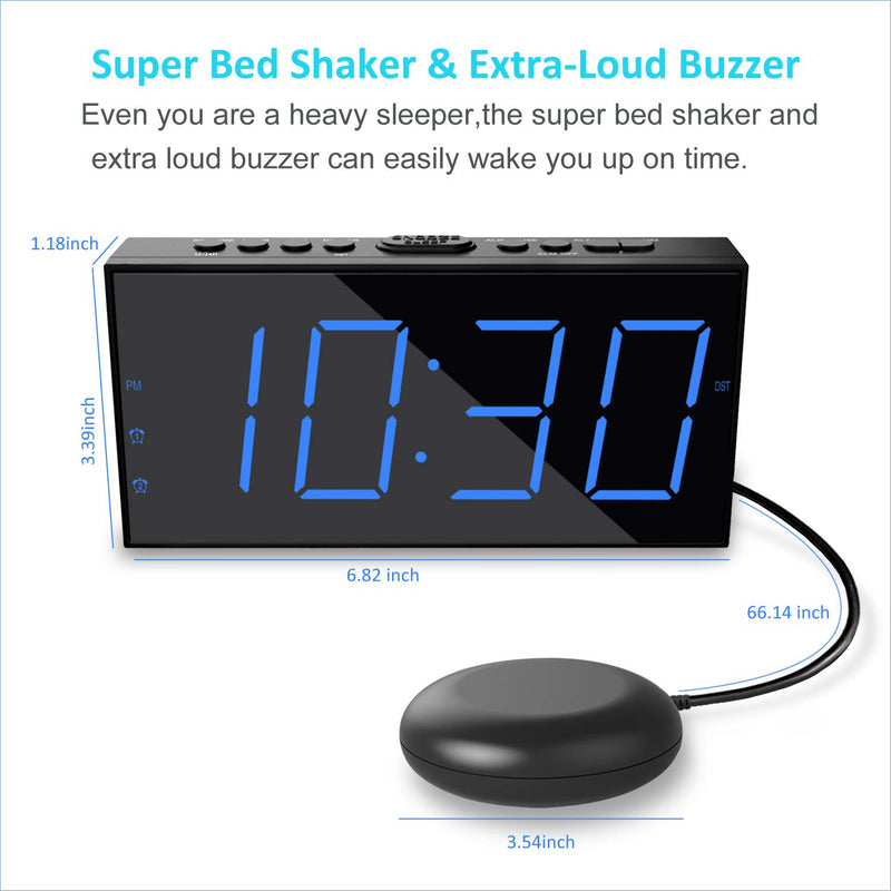 Extra Loud Alarm Clock with Bed Shaker 7.5" Large LED Display with 5 Brightness Dimmer Vibrating Dual Alarm Clock for Heavy Sleepers, Hard of Hearing and Deaf with USB Charger, Snooze, Battery Backup Blue Number Bed Shaker Clock - LeoForward Australia