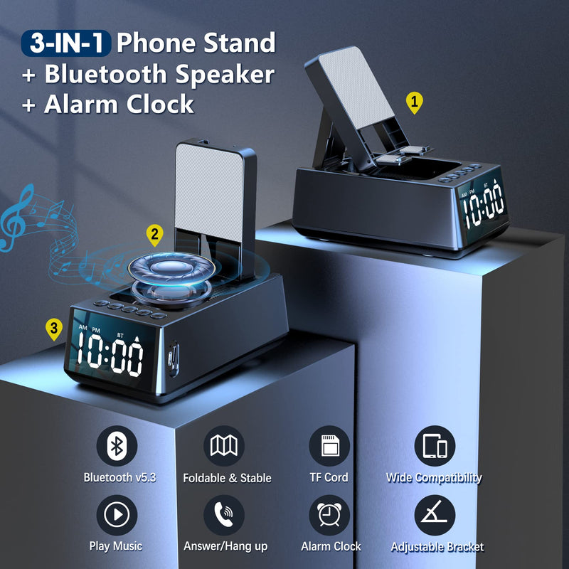 [AUSTRALIA] - Cell Phone Stand with Wireless Bluetooth Speaker, Gifts for Men or Women, Anti-Slip Design with HD Surround Sound, Adjustable Tablet Holder with Alarm Clock, Compatible with Phones & Tablets, Gadgets